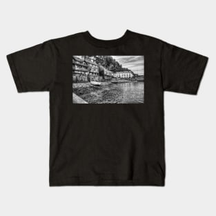 Clovelly Harbour And Houses, North Devon, England, Black And White Kids T-Shirt